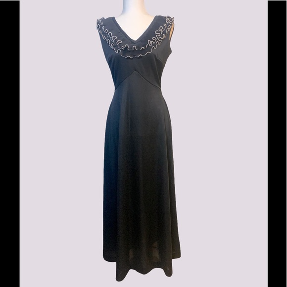 Vintage Black Dress with Pearl Lined Ruffles - Picture 1 of 13